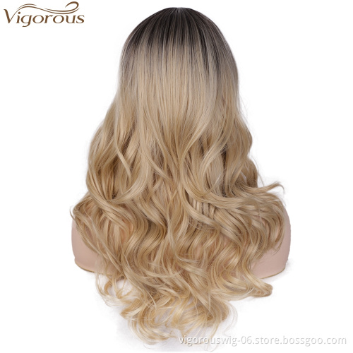 Vigorous Cheap Long Ombre Blonde Wavy Middle Part Wig For Black Women Heat Resistant Synthetic Hair Wigs